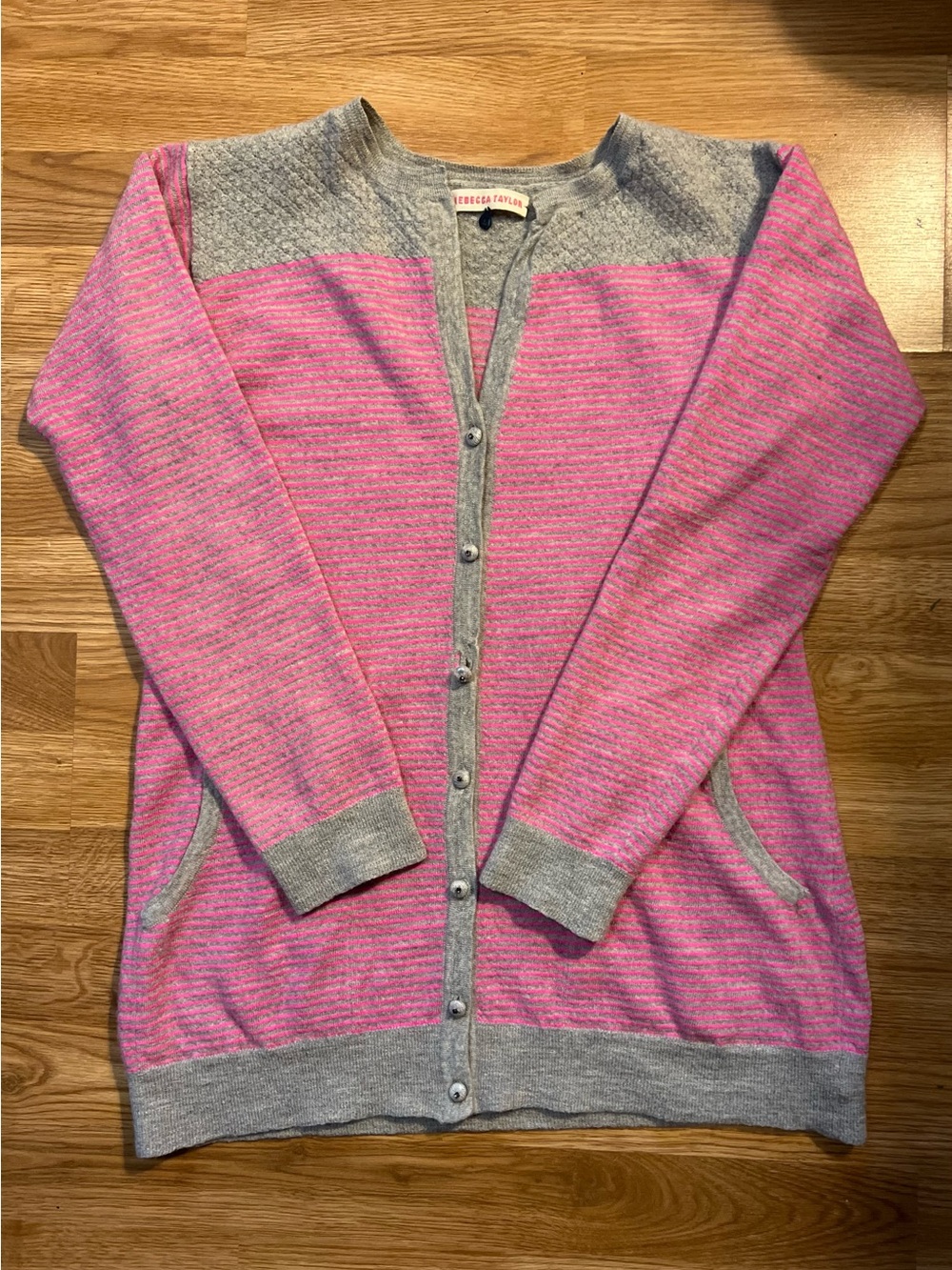 Rebecca Taylor Pink and Gray Striped Button-Front Cardigan